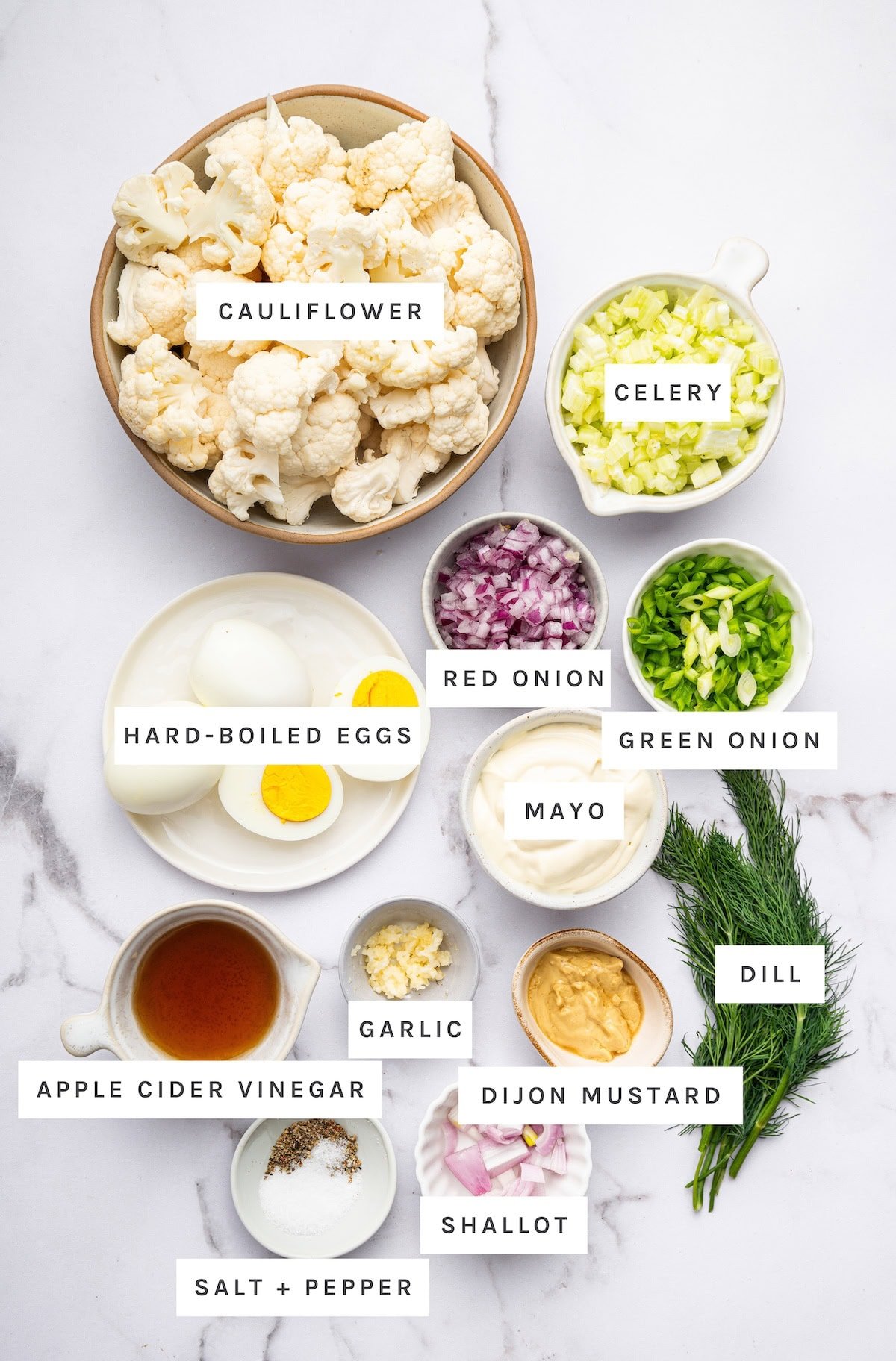 Low-Carb Cauliflower Potato Salad ingredients: Cauliflower, Celery, Red Onion, Green Onion, Hard-Boiled Eggs, Mayo, Garlic, Apple Cider Vinegar, Dijon Mustard, Shallot, Dill, Salt, Pepper.