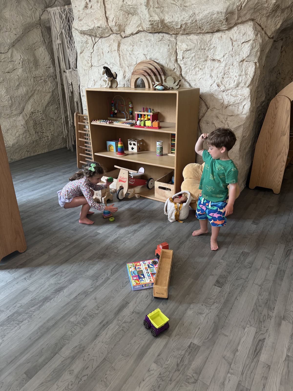 Two children playing together in a play room.