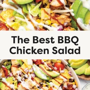 Top photo: Close-up of BBQ chicken salad with chopped grilled chicken, avocado slices, cherry tomatoes, black beans, corn, red onion, shredded cheese, crushed tortilla chips, and drizzles of BBQ sauce and ranch dressing. Bottom photo: Overhead view of a large bowl of BBQ chicken salad with the same ingredients, plus visible avocado slices on the side and a small bowl of ranch dressing nearby.
