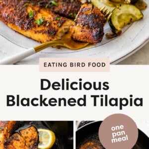 Top photo (plated meal): Blackened tilapia fillet with sautéed zucchini and lemon wedges on a white plate Bottom left photo (tilapia in pan with lemon): Blackened tilapia fillets cooking in a cast iron skillet with a lemon wedge Bottom right photo (tilapia in pan): Four blackened tilapia fillets cooking in a cast iron skillet