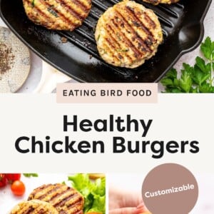 Top photo: Four grilled chicken burger patties cooking on a stovetop grill pan. Bottom left photo: Chicken burger patties served on a plate with sliced tomato, red onion, avocado, and lettuce. Bottom right photo: A hand holding a chicken burger stacked with lettuce, tomato, red onion, and avocado on a bun.