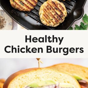 Top photo: Four grilled chicken burger patties cooking on a stovetop grill pan. Bottom photo: Close-up of a sliced chicken burger with avocado, red onion, tomato, and lettuce on a bun, served with potato chips.