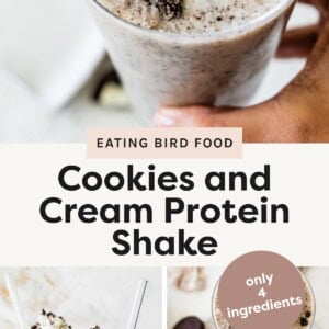 Top photo: Close-up of a cookies and cream protein shake topped with whipped cream and crushed cookies. Bottom left photo: Two tall glasses of cookies and cream protein shake with straws, whipped cream, and cookie crumbles. Bottom right photo: Overhead view of two shakes surrounded by chocolate sandwich cookies.
