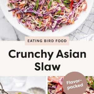 Top photo: Overhead view of a large bowl filled with colorful crunchy Asian slaw, topped with scallions and sesame seeds. Bottom left photo: A scoop of vibrant Asian slaw being lifted from the bowl with tongs, showing shredded vegetables and creamy dressing. Bottom right photo: Close-up of the slaw highlighting the textures and colors of the red cabbage, carrots, bell peppers, and sesame seeds with a “Flavor-packed” label.