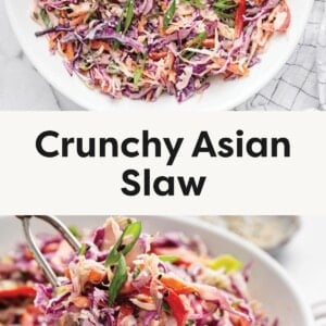 Top photo: Overhead view of a large white bowl filled with vibrant crunchy Asian slaw, garnished with scallions and sesame seeds, with dressing visible on the side. Bottom photo: Close-up of colorful slaw being lifted with tongs, showing shredded cabbage, carrots, red peppers, and green onions coated in creamy dressing.