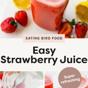 Photo 1 Three glasses of fresh strawberry juice with strawberries and lemon slices around them. Photo 2 Clear water being poured into a pitcher of bright red strawberry juice. Photo 3 Top-down view of a pitcher filled with bright strawberry juice and scattered strawberries around it.