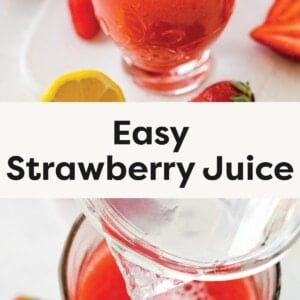 Top photo: A glass of fresh strawberry juice garnished with a whole strawberry, surrounded by strawberries and lemon slices. Bottom photo: Water being poured into a pitcher of blended strawberry juice, with strawberries on the counter nearby.