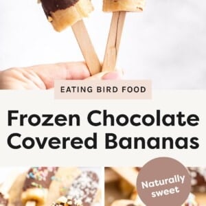 Top photo: Two frozen chocolate-covered banana halves on sticks, one topped with chopped nuts and the other with rainbow sprinkles, held up by a hand. Bottom left photo: A tray of frozen chocolate-covered banana pops topped with sprinkles, chopped nuts, and shredded coconut. Bottom right photo: Close-up of a bitten frozen chocolate-covered banana pop with chopped nuts, showing the creamy banana center.