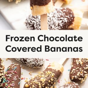 Top photo: Close-up of a chocolate-covered banana pop topped with chopped nuts, surrounded by other decorated banana pops. Bottom photo: Assorted frozen chocolate-covered banana pops on a tray, topped with rainbow sprinkles, chopped nuts, and shredded coconut.
