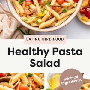 Overhead view of a bowl of pasta salad with cherry tomatoes, cucumbers, red onions, and basil. Close-up of pasta salad showing penne, tomatoes, basil, and red onion. Another close-up of pasta salad with colorful tomatoes, herbs, and cucumbers.