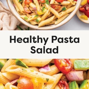 Top Photo: A bowl of penne pasta salad with cherry tomatoes, red onions, cucumbers, and fresh basil. Bottom Photo: Close-up of penne pasta salad with colorful cherry tomatoes, diced cucumber, red onion, and herbs.