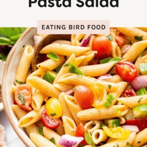 A bowl of healthy penne pasta salad with cherry tomatoes, red onion, cucumber, and basil.
