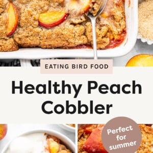 Top photo: Baked peach cobbler in a white dish with golden topping and juicy peach slices, served with a spoon. Bottom left photo: Bowl of peach cobbler topped with vanilla ice cream and served on a white surface. Bottom right photo: Close-up of warm peach cobbler with soft peaches and crispy topping, labeled “Perfect for summer.”