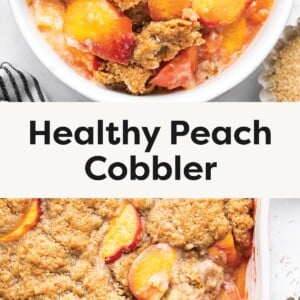 Top photo: Bowl of healthy peach cobbler topped with a scoop of vanilla ice cream. Bottom photo: Freshly baked peach cobbler in a white baking dish with golden brown topping and juicy peach slices.
