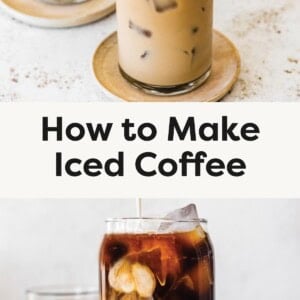 Top photo: Three glasses of iced coffee with golden metal straws, served on small plates with a soft beige background. Bottom photo: Close-up of iced coffee in a glass as milk is being poured in, creating a swirling effect; a cup of black coffee sits in the background.