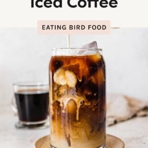 Photo shows a step-by-step guide for making iced coffee. It features a glass filled with ice, a hand pouring coffee over the ice, and milk being added next.