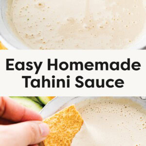 Top Photo: Spoon drizzling creamy tahini sauce into a bowl. Bottom Photo: Hand dipping a chip into a bowl of tahini sauce, surrounded by carrots and cucumbers.