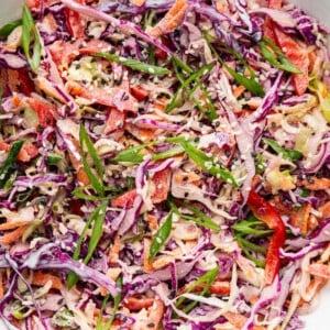 Asian slaw, highlighting the texture and color of the shredded vegetables, garnished with sliced scallions and sesame seeds.