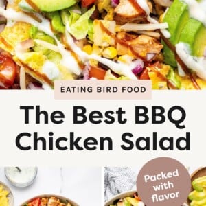 Top photo: Close-up of BBQ chicken salad with avocado, cherry tomatoes, corn, black beans, tortilla chips, and drizzles of ranch and BBQ sauce. Bottom left photo: Overhead view of salad ingredients neatly arranged in a bowl before mixing. Bottom right photo: Fully assembled BBQ chicken salad, ready to serve with visible toppings and dressings.