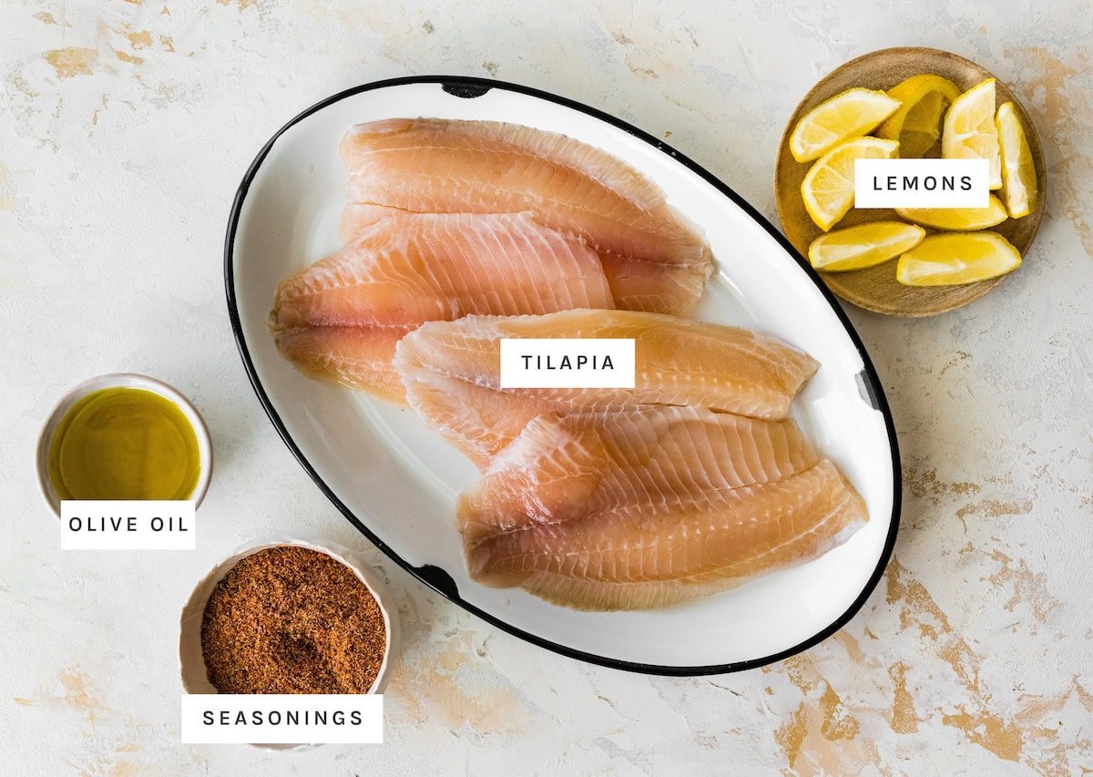 Blackened Tilapia ingredients: Tilapia, lemons, olive oil, seasonings