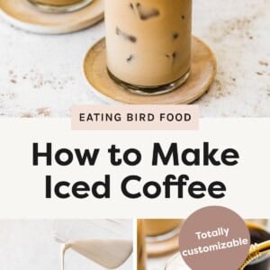 Top photo: Three glasses of iced coffee with ice and gold straws on neutral-toned saucers, set against a soft beige background. Bottom left photo: Milk being poured into a glass of iced black coffee, creating a swirling blend effect, with a glass of black coffee in the background. Bottom right photo: A top-down view of a glass of iced coffee with a gold straw.