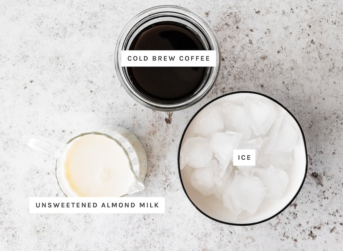How to Make Iced Coffee ingredients: cold brew coffee, unsweetened almond milk and Ice