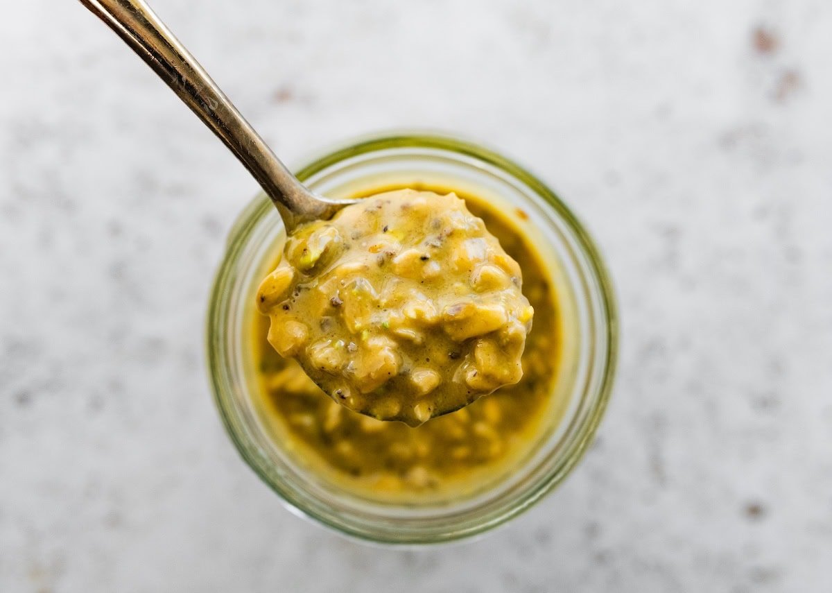 A spoonful of pistachio overnight oats.