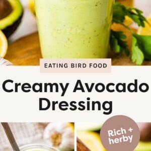 Top photo: A glass jar filled with creamy avocado dressing, surrounded by fresh ingredients like avocado, lemon, and parsley. Bottom left photo: Overhead view of thick avocado dressing in a jar with a spoon inside. Bottom right photo: A spoonful of smooth, green avocado dressing held above a jar, labeled "Rich + herby."