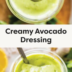 Top photo: A spoon lifting thick, creamy avocado dressing from a glass jar. Bottom photo: A close-up of a glass jar filled with smooth, vibrant green avocado dressing with a spoon inside.