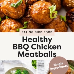 Top photo: Close-up of glazed BBQ chicken meatballs topped with sesame seeds and green onions, with one meatball cut in half showing the inside. Bottom left photo: Bowl of white rice with broccoli and BBQ chicken meatballs, garnished with green onions and sesame seeds. Bottom right photo: Tray of BBQ chicken meatballs sprinkled with sesame seeds and chopped green onions.