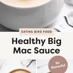 Top photo: A spoon lifting creamy light orange Big Mac sauce from a white bowl. Bottom left photo: A bowl of light orange sauce with a metal spoon resting inside. Bottom right photo: A bowl of smooth light orange Big Mac sauce on a white surface, labeled “So flavorful.”