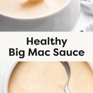 Top photo: A spoon lifting creamy, light orange Big Mac sauce from a white bowl, with a striped towel in the background. Bottom photo: Close-up of smooth, blended Big Mac sauce in a white bowl with a silver spoon resting inside.