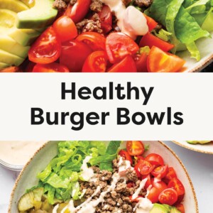 Top Photo: A close-up of a colorful burger bowl filled with ground beef, avocado slices, cherry tomatoes, red onion, sweet potato fries, chopped pickles, shredded romaine, and drizzled with creamy Big Mac sauce from a spoon. Bottom Photo: An overhead view of a vibrant burger bowl showcasing all the ingredients neatly arranged in sections, topped with a drizzle of creamy sauce, with “Healthy Burger Bowls” text in the middle and “eating bird food” branding at the bottom.