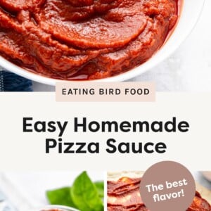 Top photo: Spoon scooping thick red pizza sauce from a white bowl. Bottom left photo: Jar filled with homemade pizza sauce next to fresh basil. Bottom right photo: Pizza sauce being spread onto dough with a spoon.
