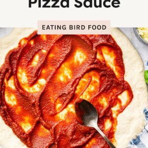 Close-up of pizza dough with homemade pizza sauce spread on top using a spoon.