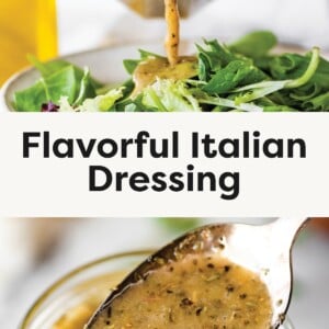 ChatGPT said: Jar of Italian dressing being poured over fresh greens, with a close-up of the dressing on a spoon.