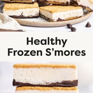 Top photo: Stack of frozen s’mores bars made with graham crackers, chocolate, and a creamy frozen filling on a plate. Bottom photo: Close-up stack of three frozen s’mores bars showing layers of graham cracker, chocolate, and creamy filling.