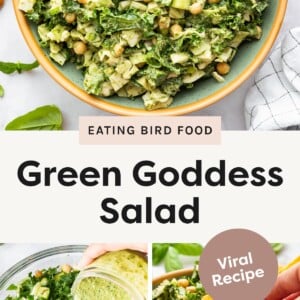 Top photo: A large bowl filled with Green Goddess Salad, featuring chopped greens, chickpeas, cucumbers, and a creamy green dressing. Bottom left photo: A glass mixing bowl of salad ingredients being topped with a creamy green dressing being poured from a jar. Bottom right photo: A hand dipping a tortilla chip into a bowl of Green Goddess Salad, showing the creamy texture and chunky vegetables.