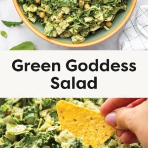 Top photo: Overhead view of a large bowl filled with chopped Green Goddess salad featuring leafy greens, chickpeas, and a creamy green dressing. Bottom photo: Close-up of Green Goddess salad with a hand dipping a tortilla chip into the creamy, green veggie mix.