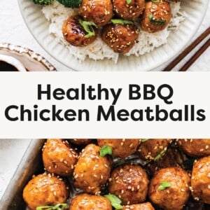 Top photo: Bowl of white rice topped with steamed broccoli and glazed BBQ chicken meatballs, garnished with sesame seeds and green onions. Bottom photo: Tray filled with glazed BBQ chicken meatballs sprinkled with sesame seeds and sliced green onions.