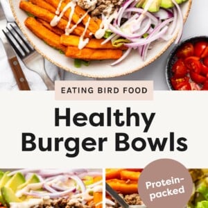 Top Photo: Overhead shot of a loaded burger bowl with sauce drizzle. Bottom Left Photo: Close-up of burger bowl with beef, veggies, and sauce. Bottom Right Photo: Spoon drizzling sauce over burger bowl with tomatoes and avocado.