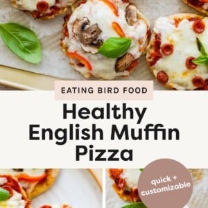 Top photo: A baking sheet lined with parchment paper holding several English muffin pizzas, topped with melted mozzarella cheese, mini pepperoni, sliced red peppers, mushrooms, and fresh basil leaves. Bottom left photo: A close-up view of golden-baked English muffin pizzas topped with mini pepperoni and melted mozzarella, garnished with small basil leaves on a white plate. Bottom right photo: Overhead view of English muffin pizzas topped with cheese, red pepper slices, mushrooms, and pepperoni, some garnished with fresh basil, displayed on parchment paper.
