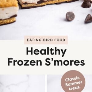 Top photo: Close-up of a frozen s’mores bar with graham cracker layers, creamy center, and chocolate base, surrounded by chocolate chips. Bottom left photo: Plate stacked with frozen s’mores bars featuring layers of graham cracker, chocolate, and frozen filling. Bottom right photo: Stack of three frozen s’mores bars with a label that says “Classic Summer treat.”