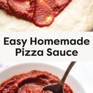 Top photo: Spoon spreading thick red pizza sauce over raw pizza dough. Bottom photo: Spoon scooping homemade pizza sauce from a white bowl.