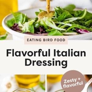 Dressing being poured from a jar over fresh mixed greens. Close-up of a jar filled with Italian dressing, garlic and oil in the background. Spoonful of Italian dressing held above a jar, showing herbs and spices.