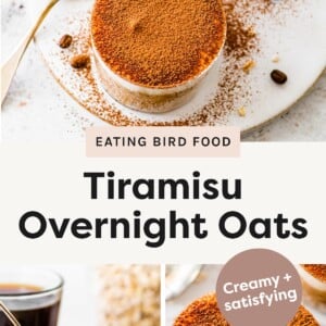 Top photo: Two glasses of tiramisu overnight oats topped with cocoa powder on a white plate with scattered coffee beans and gold spoons. Bottom left photo: A glass of tiramisu overnight oats with a spoon scooping from the top, layered with creamy oats and yogurt, with a cup of coffee in the background. Bottom right photo: Close-up of a glass of tiramisu overnight oats with a thick cocoa powder topping and a dusting of cocoa around the plate.