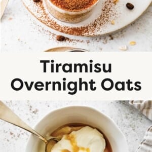 Top photo: Two glasses of tiramisu overnight oats topped with a generous dusting of cocoa powder, placed on a white plate with scattered coffee beans and cocoa powder, accompanied by two gold spoons. Bottom photo: A white bowl filled with plain Greek yogurt drizzled with maple syrup, with a gold spoon resting in the bowl, set on a light textured surface with a small bowl of cocoa powder nearby.
