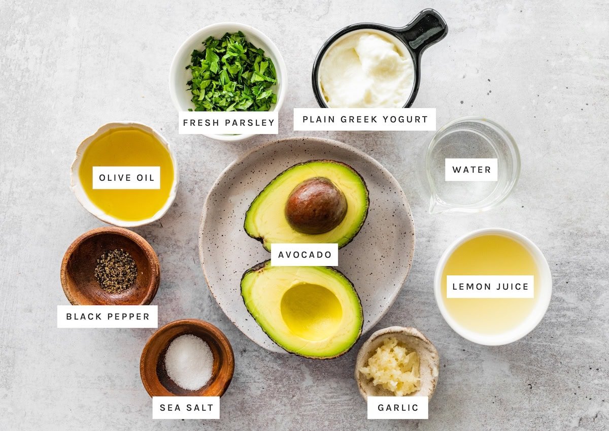 Avocado Dressing ingredients: Avocado, Fresh parsley, Plain Greek yogurt, Water, Lemon juice, Garlic, Sea salt, Black pepper, Olive oil