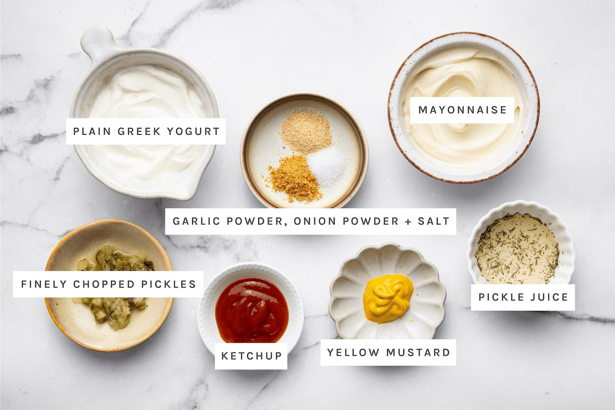 Big Mac Sauce ingredients: Plain Greek yogurt, mayonnaise, garlic powder, onion powder, salt, finely chopped pickles, ketchup, yellow mustard, pickle juice.
