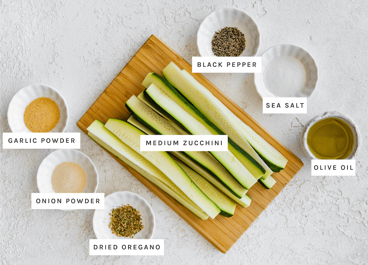 Roasted Zucchini ingredients: Medium zucchini, olive oil, sea salt, black pepper, garlic powder, onion powder, dried oregano